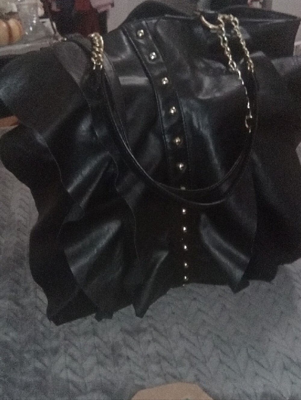 Black Ruffle Tote Bag with Stud Accent - Picture 2 of 6